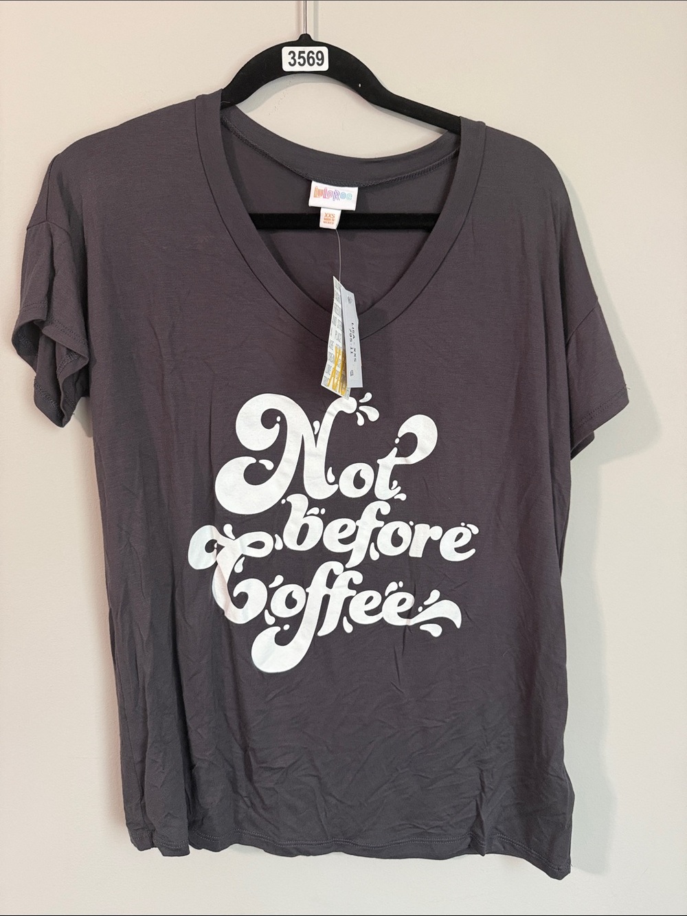 LuLaRoe Charcoal V-Neck Tee with White 'Not Before Coffee' Script